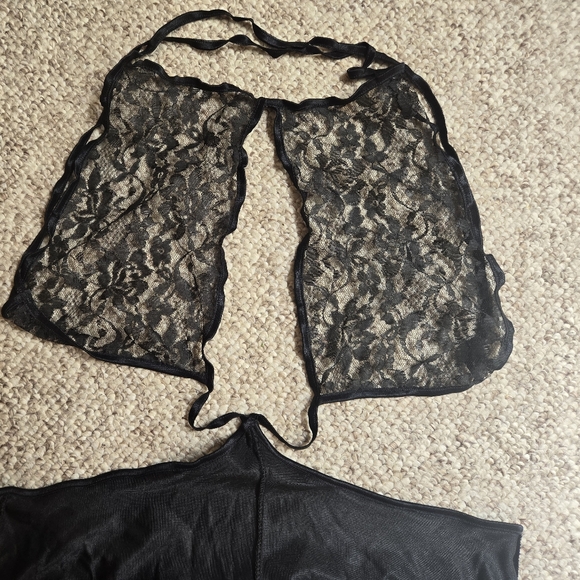 Fredericks of Hollywood Black Satin Lace Long 2 Slits Halter Top Nitgown Large - Picture 7 of 16